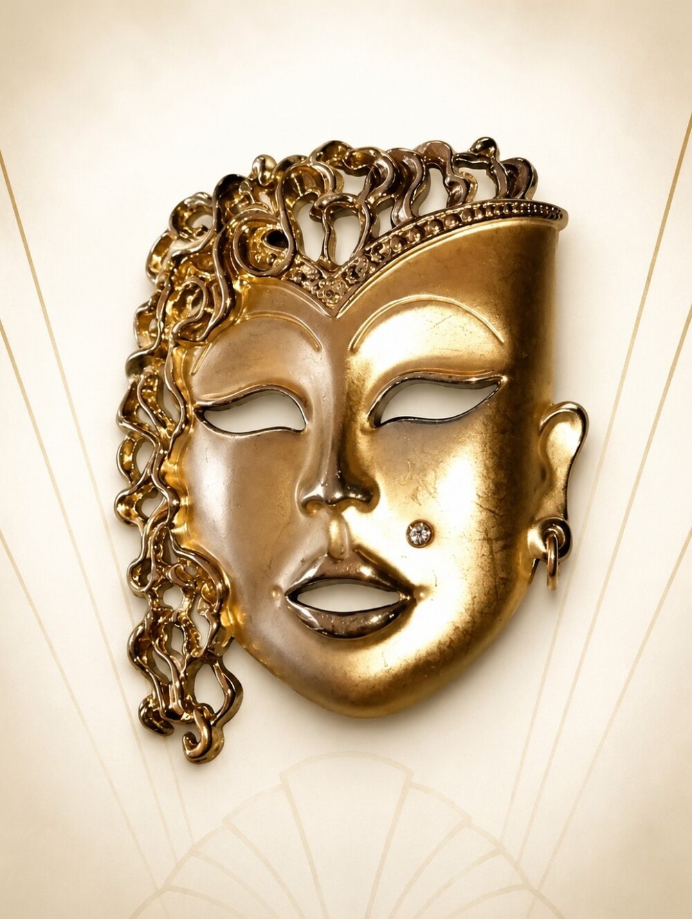 Vintage masquarade‎  Goldtone Theatrical mask brooch